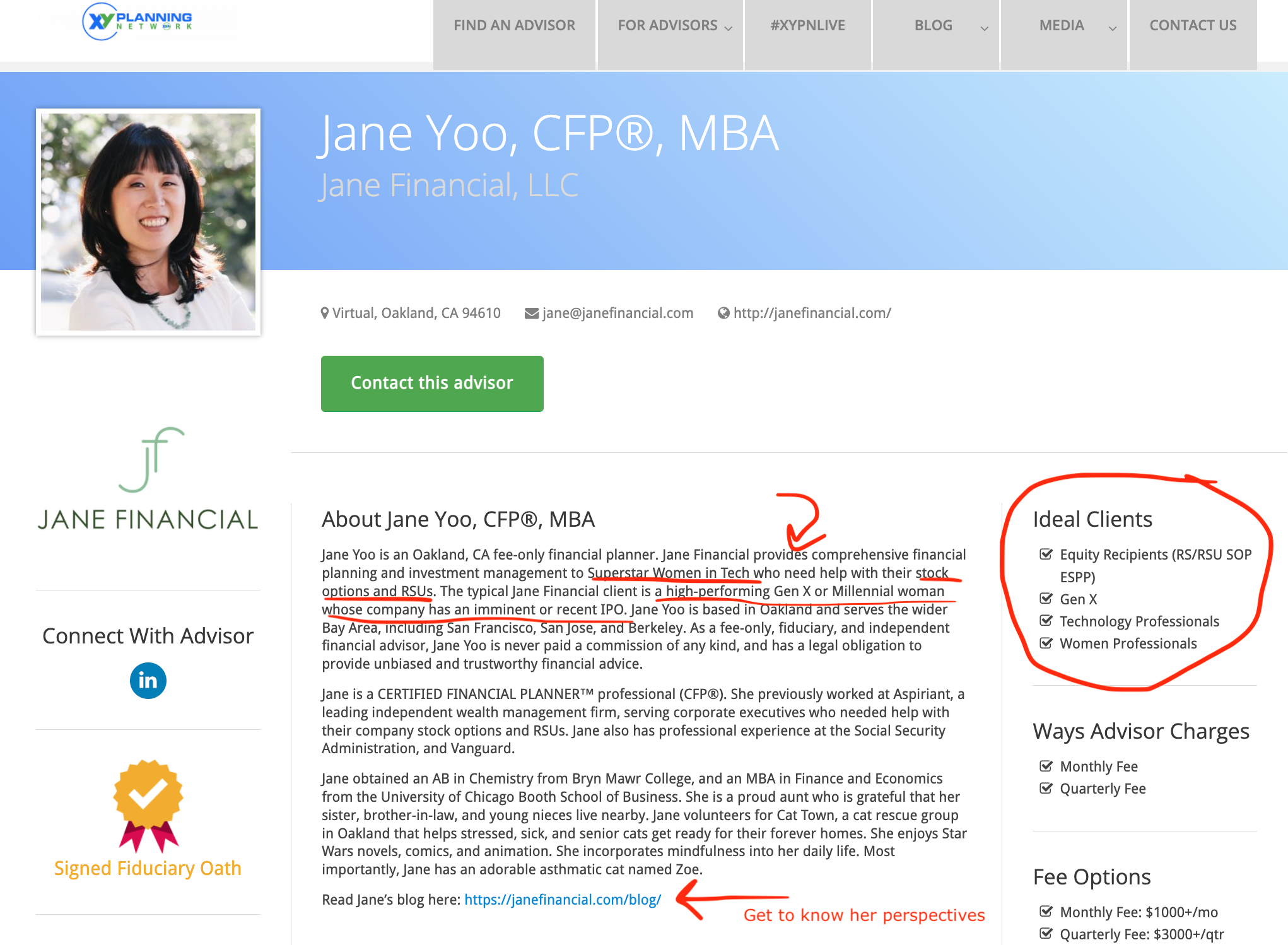 Financial advisor website listing for Jane Yoo website